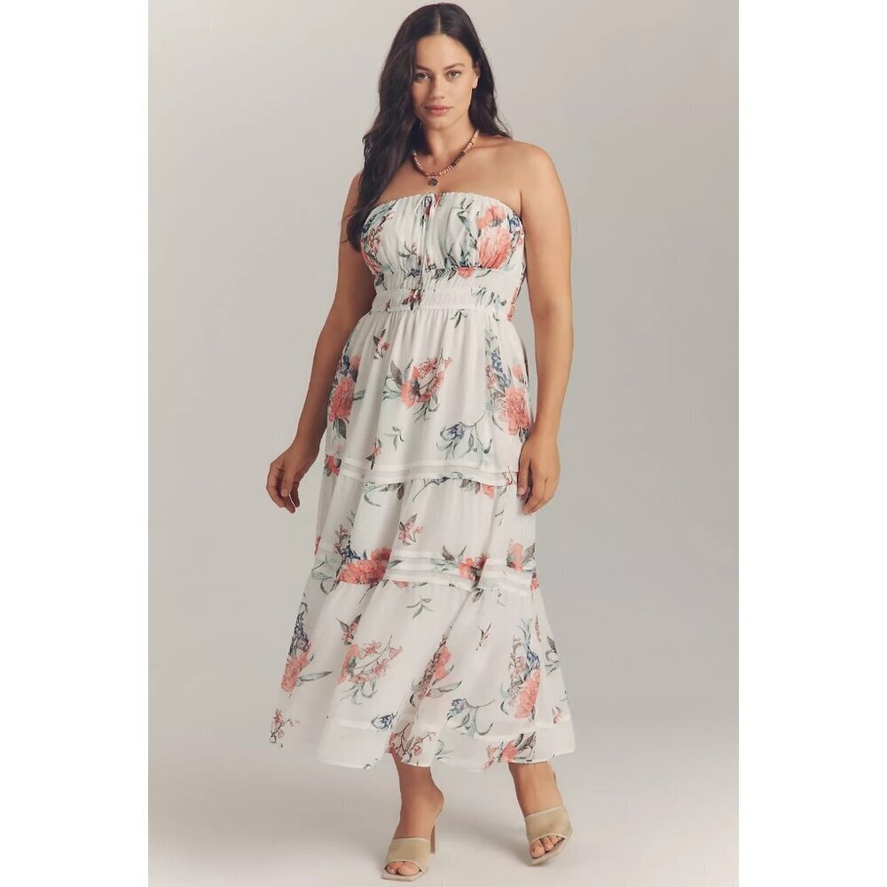 The Somerset Strapless Chiffon Midi Dress White Pink Floral XL